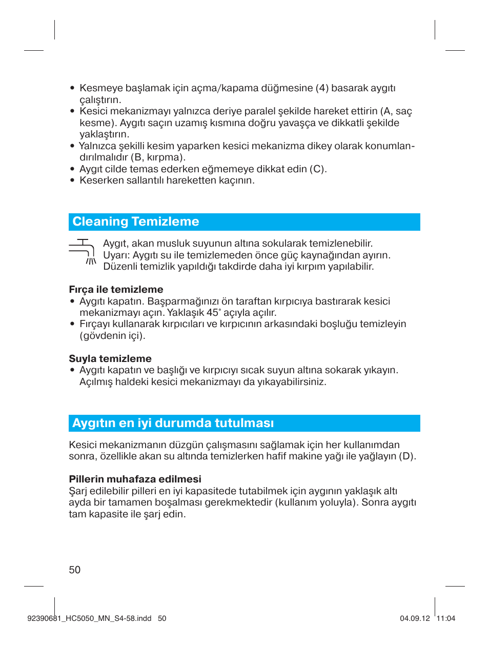 Cleaning temizleme, Aygıtın en iyi durumda tutulması | Braun HC3050 Hair Clipper, Series 3, Series 5 User Manual | Page 50 / 55