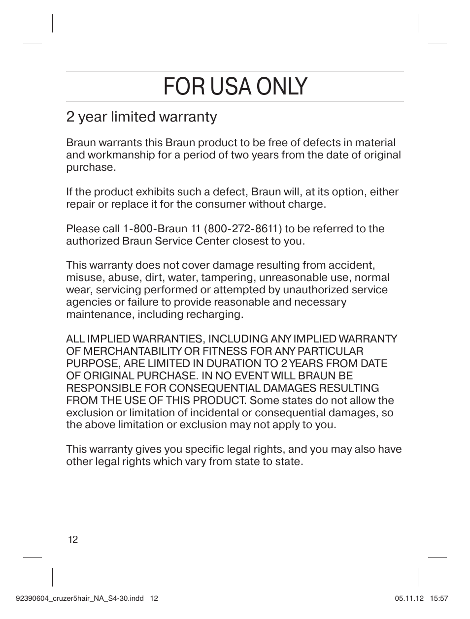 For usa only, 2 year limited warranty | Braun CruZer5 Head User Manual | Page 12 / 27