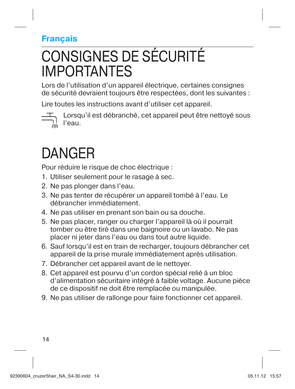 Consignes de sécurité importantes, Danger, Français | Braun CruZer5 Head User Manual | Page 14 / 27