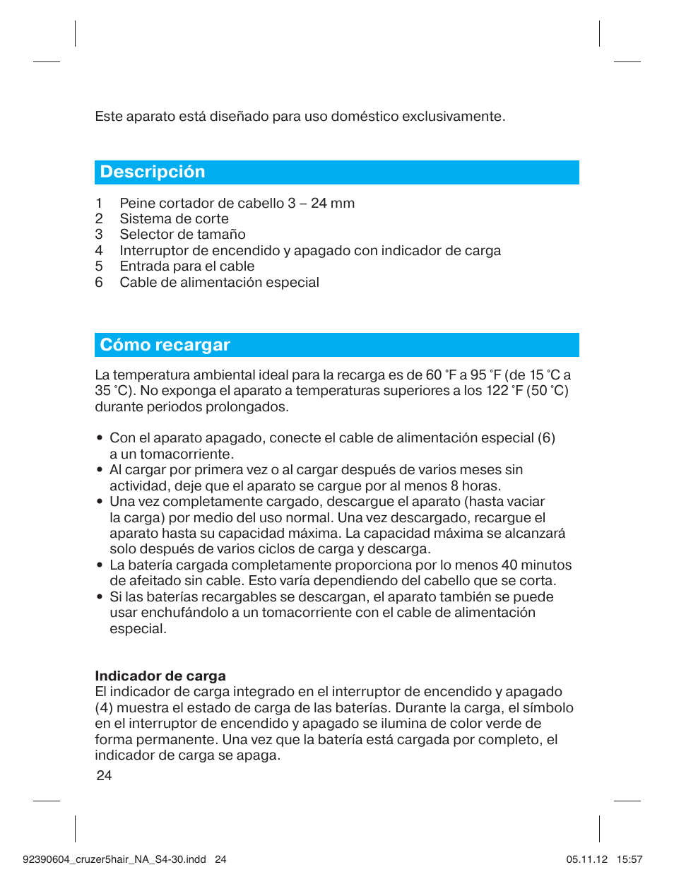 Descripción, Cómo recargar | Braun CruZer5 Head User Manual | Page 24 / 27