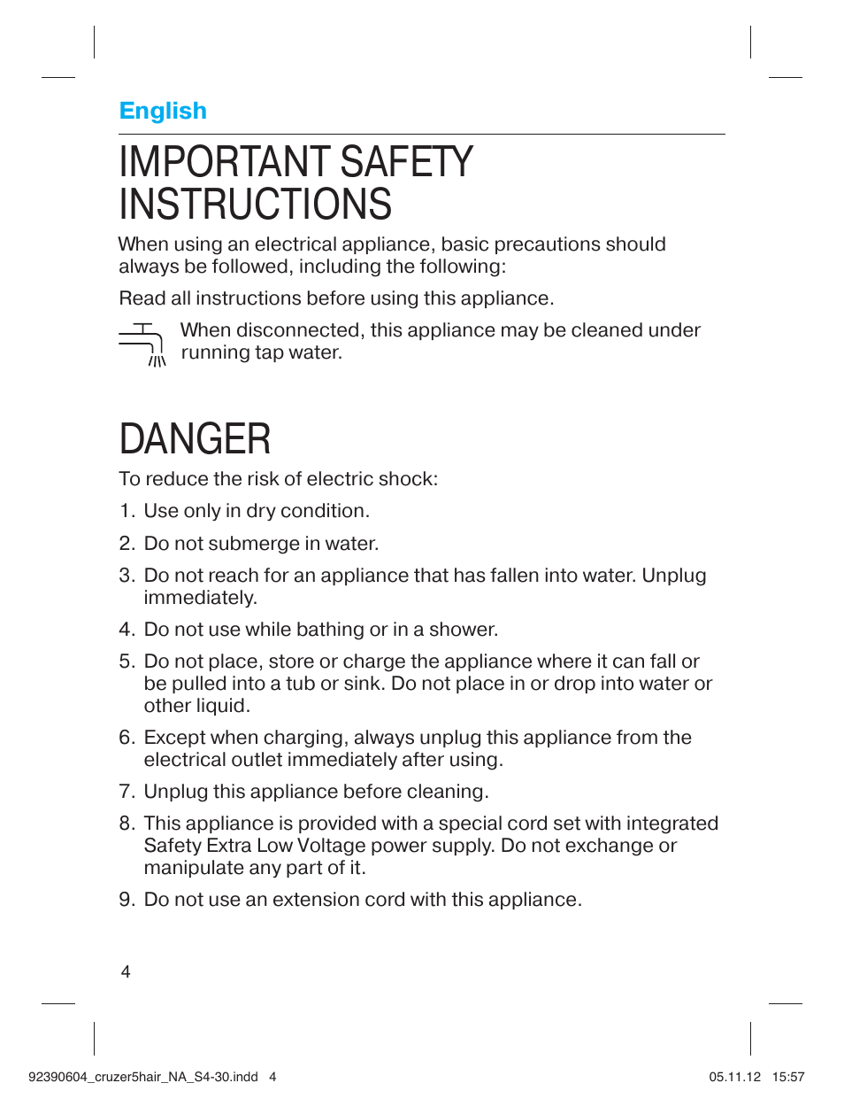 Important safety instructions, Danger, English | Braun CruZer5 Head User Manual | Page 4 / 27