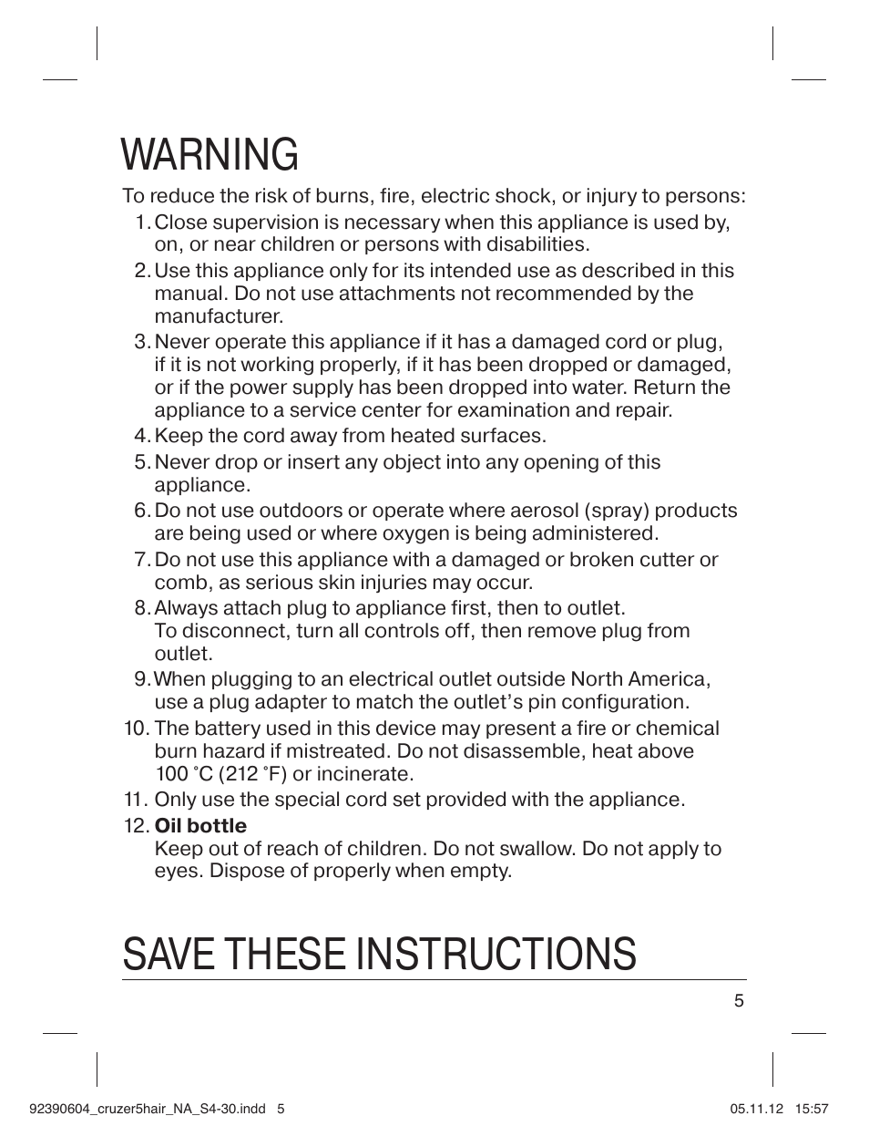 Warning, Save these instructions | Braun CruZer5 Head User Manual | Page 5 / 27