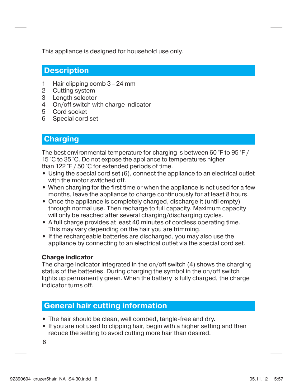 Description, Charging, General hair cutting information | Braun CruZer5 Head User Manual | Page 6 / 27