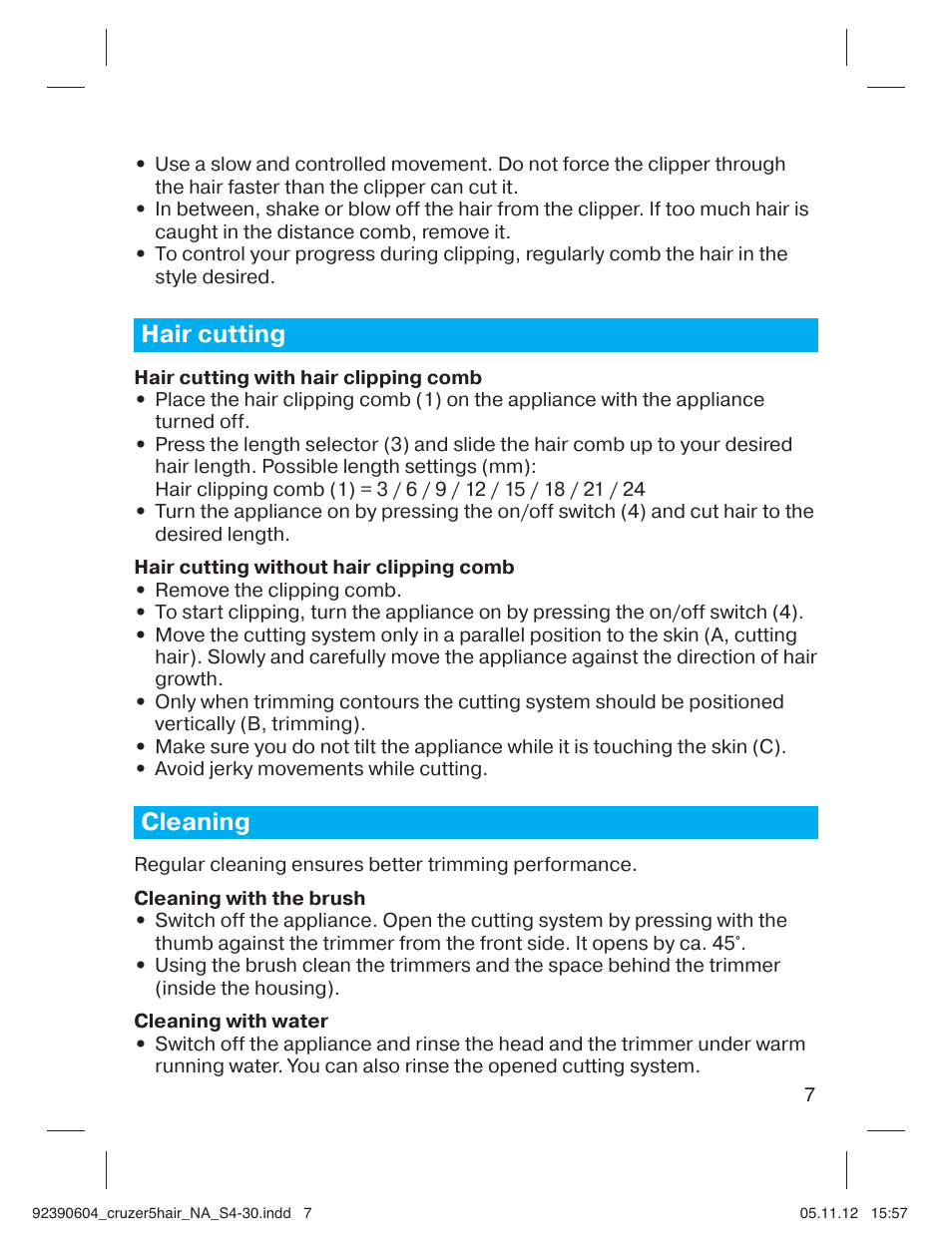 Hair cutting, Cleaning | Braun CruZer5 Head User Manual | Page 7 / 27