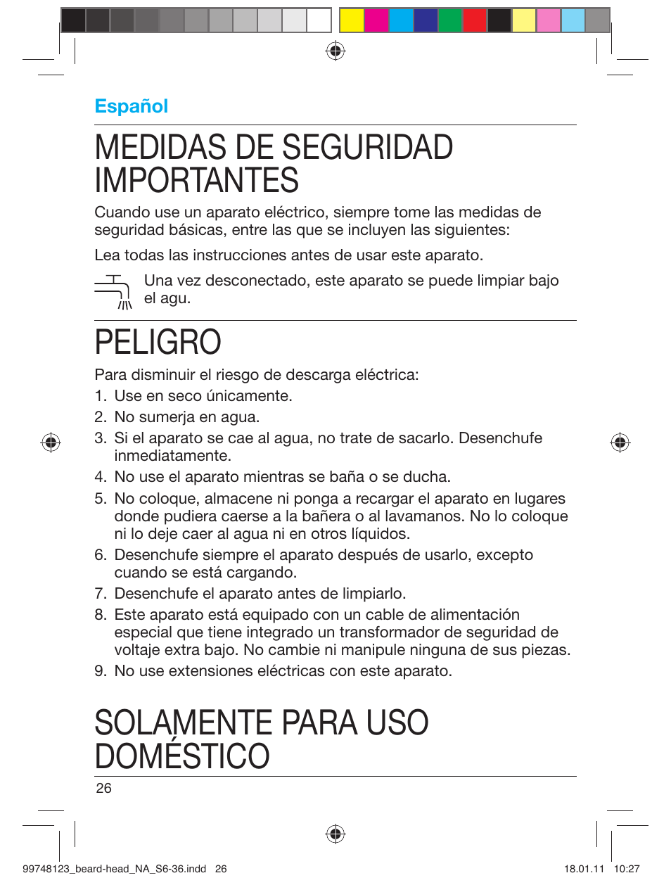 Medidas de seguridad importantes, Peligro, Solamente para uso doméstico | Braun cruZer6 beard&head User Manual | Page 25 / 33
