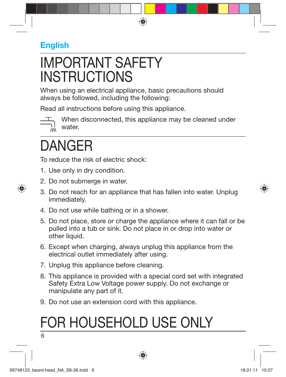 99748123_beard-head_na_s6-36, Important safety instructions, Danger | For household use only | Braun cruZer6 beard&head User Manual | Page 5 / 33
