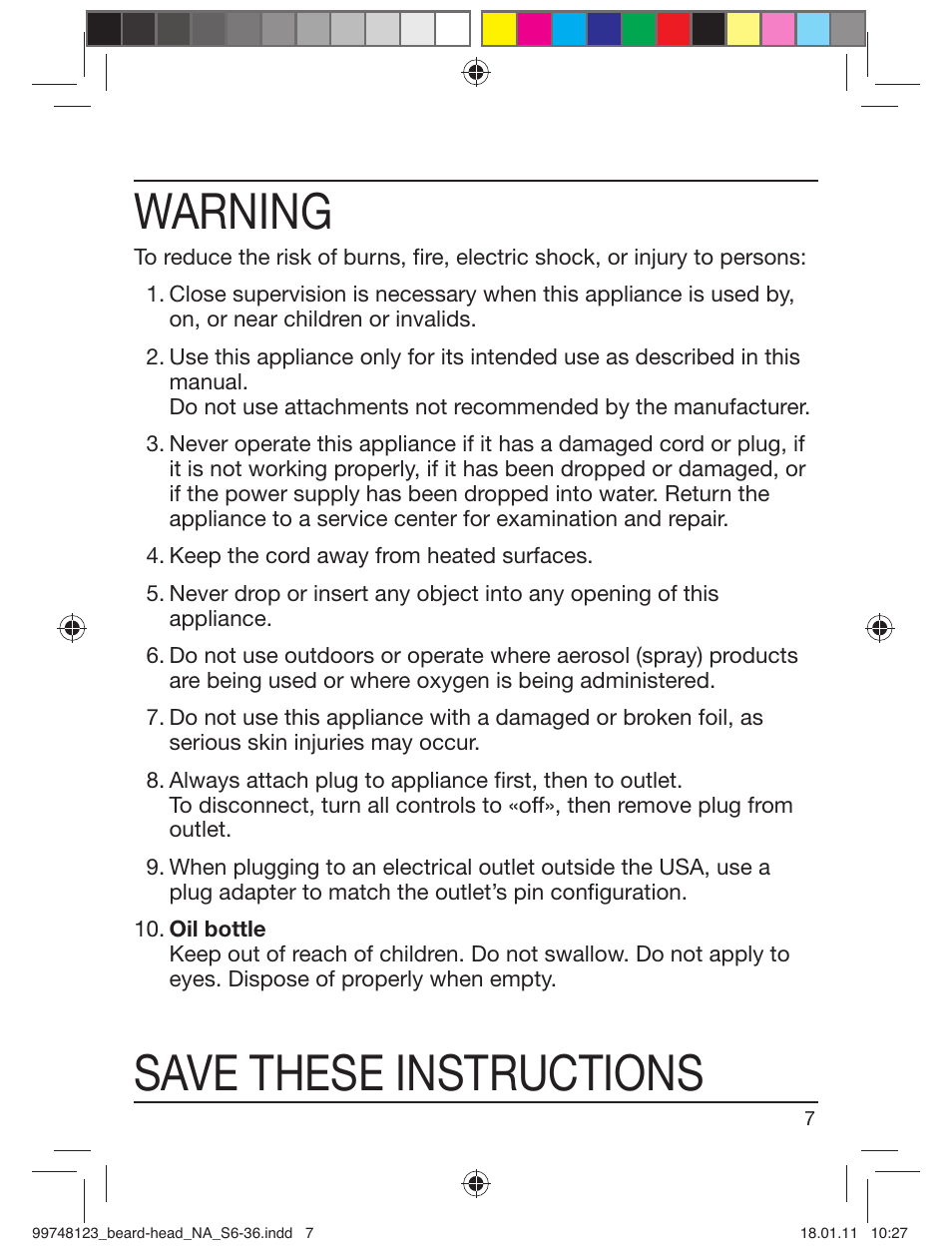 Warning, Save these instructions | Braun cruZer6 beard&head User Manual | Page 6 / 33