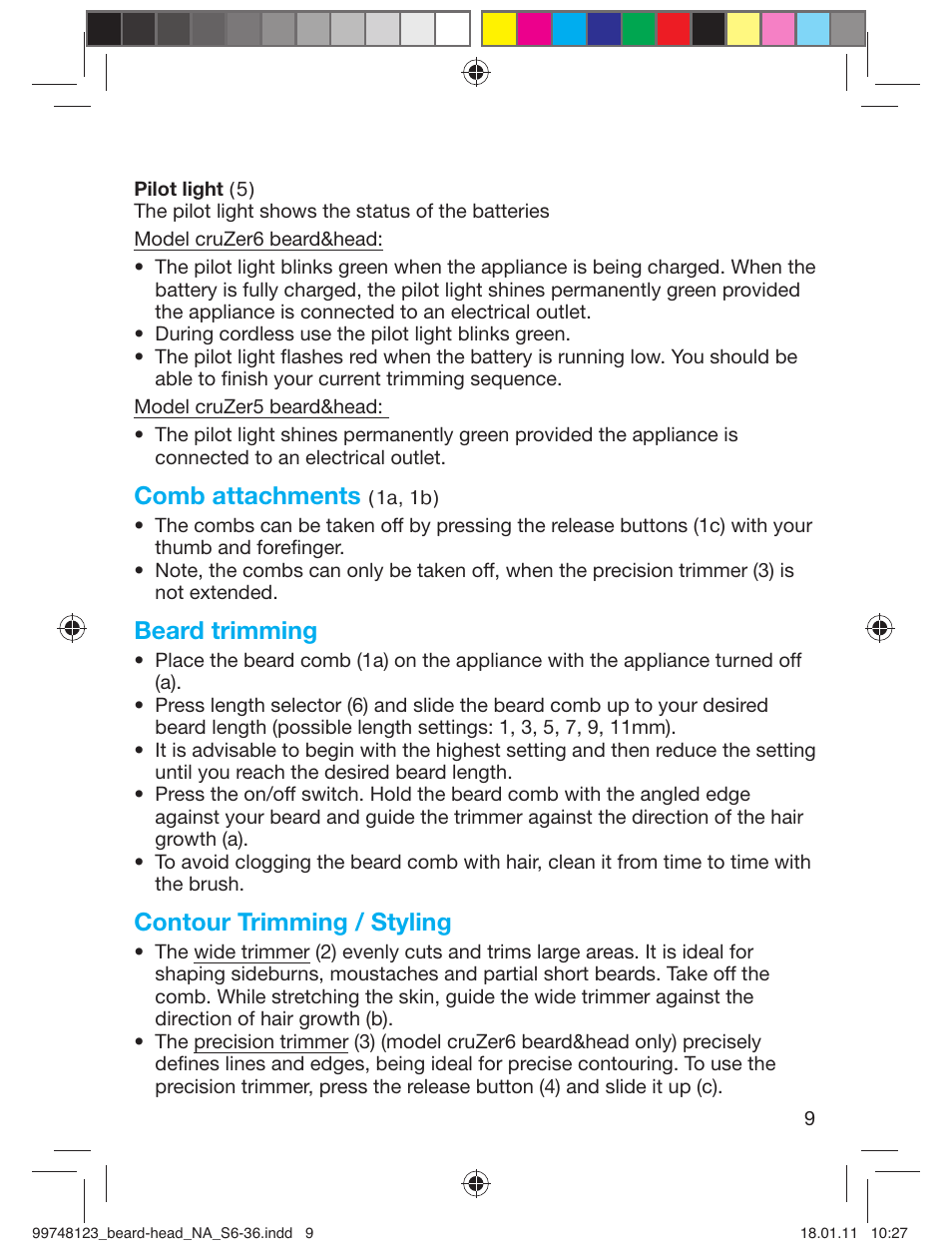 Comb attachments, Beard trimming, Contour trimming / styling | Braun cruZer6 beard&head User Manual | Page 8 / 33