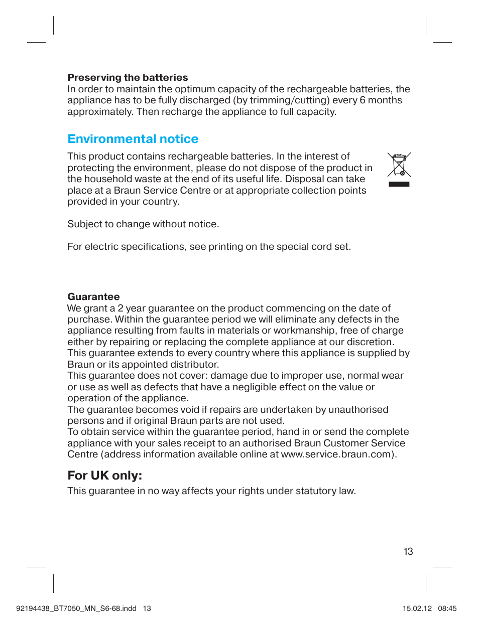 Environmental notice, For uk only | Braun BT 7050 Beard trimmer Series 7 User Manual | Page 12 / 64