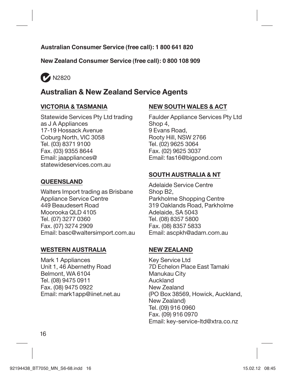 Australian & new zealand service agents | Braun BT 7050 Beard trimmer Series 7 User Manual | Page 15 / 64