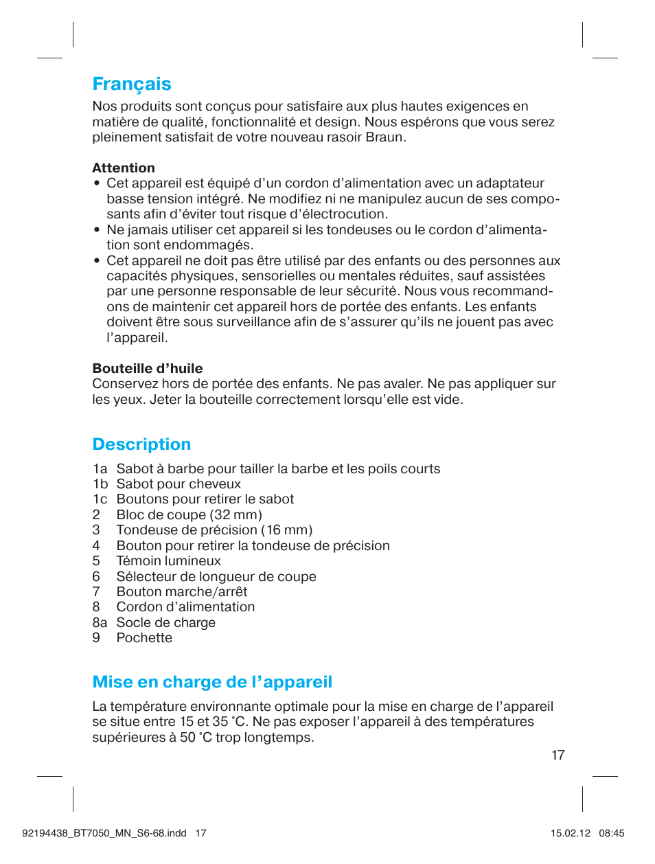 Français, Description, Mise en charge de l’appareil | Braun BT 7050 Beard trimmer Series 7 User Manual | Page 16 / 64