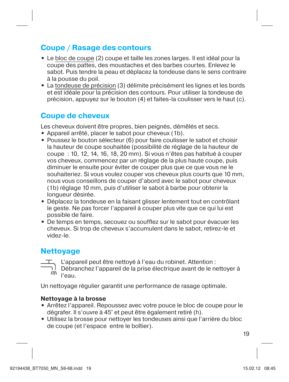 Coupe / rasage des contours, Coupe de cheveux, Nettoyage | Braun BT 7050 Beard trimmer Series 7 User Manual | Page 18 / 64