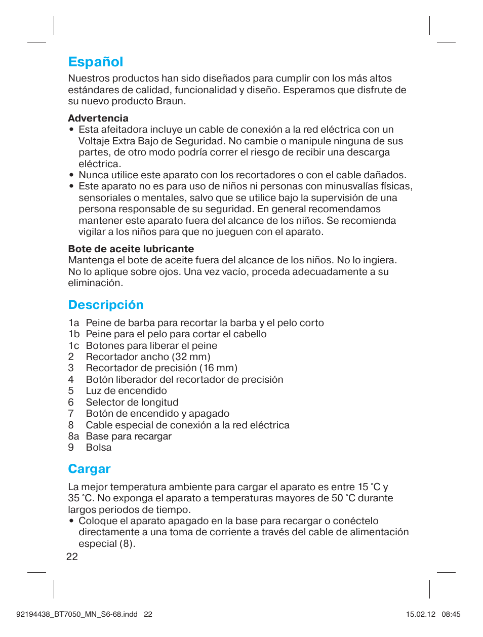 Español, Descripción, Cargar | Braun BT 7050 Beard trimmer Series 7 User Manual | Page 21 / 64