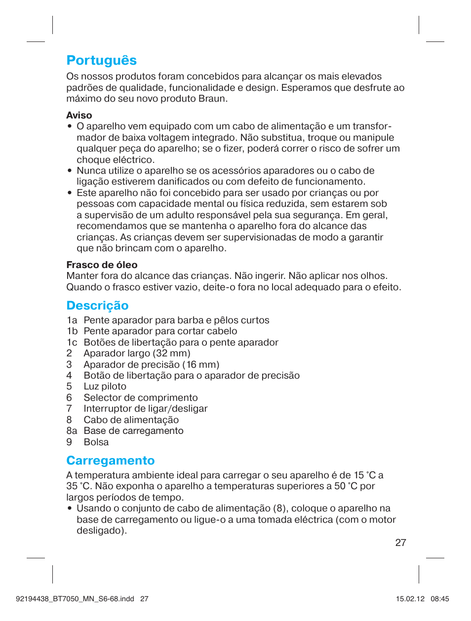 Português, Descrição, Carregamento | Braun BT 7050 Beard trimmer Series 7 User Manual | Page 26 / 64