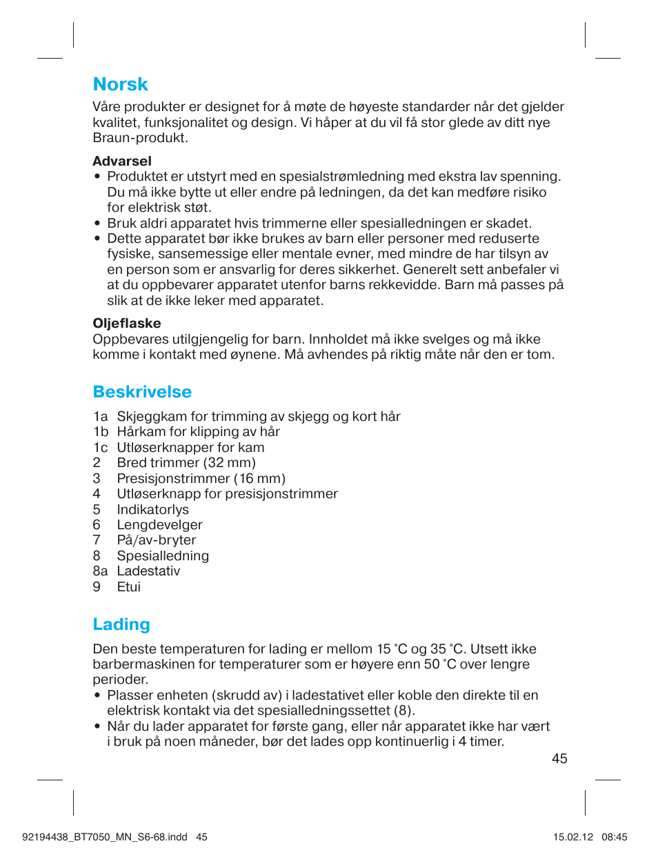 Norsk, Beskrivelse, Lading | Braun BT 7050 Beard trimmer Series 7 User Manual | Page 44 / 64