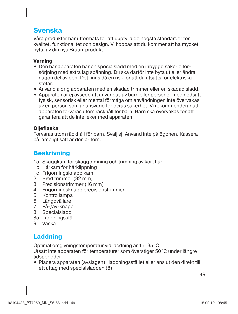 Svenska, Beskrivning, Laddning | Braun BT 7050 Beard trimmer Series 7 User Manual | Page 48 / 64