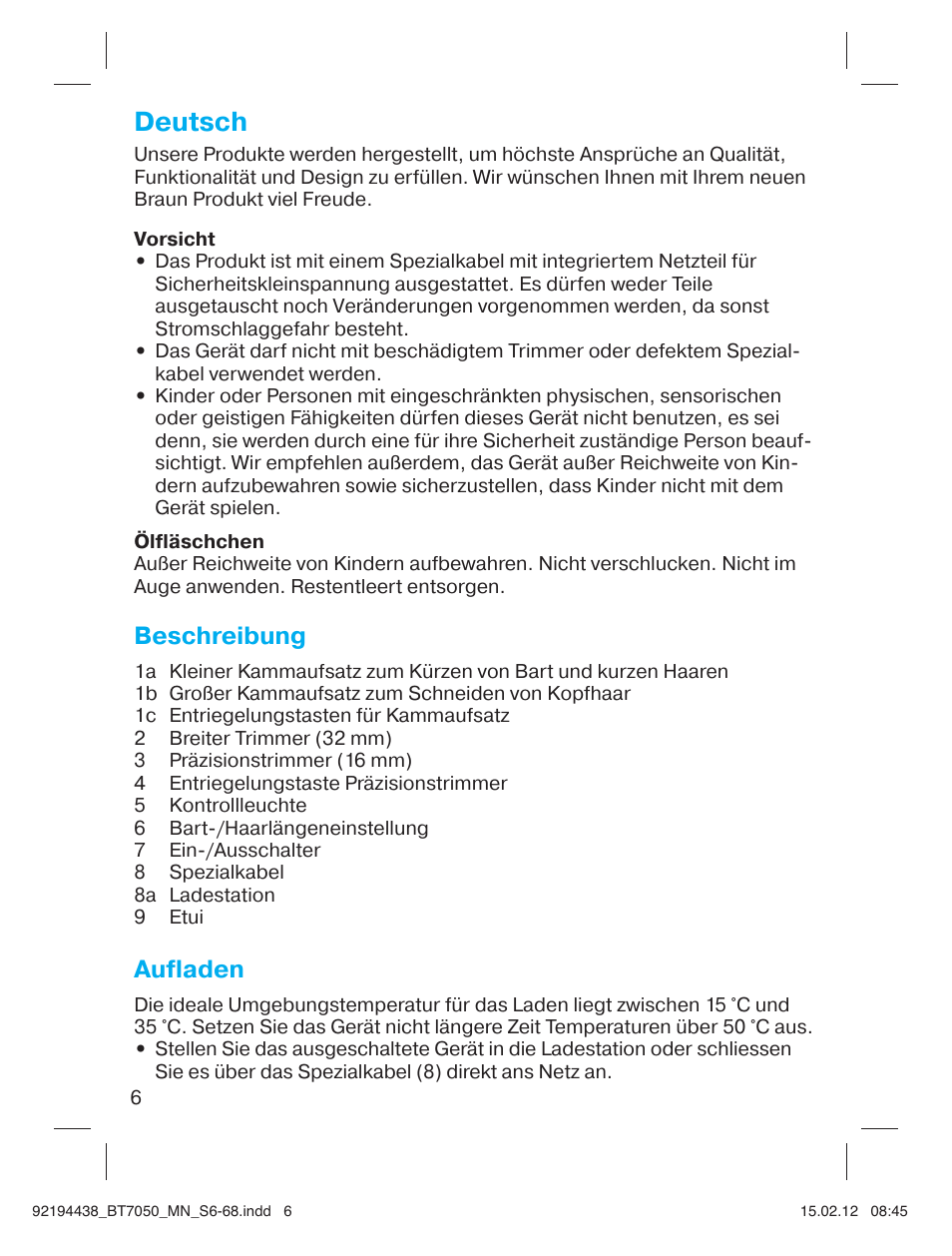 Deutsch, Beschreibung, Aufladen | Braun BT 7050 Beard trimmer Series 7 User Manual | Page 5 / 64