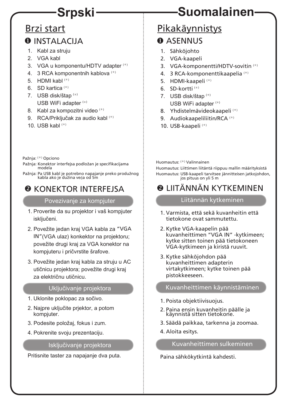 Suomalainen, Srpski, Pikakäynnistys | Brzi start, Asennus, Instalacija, Liitännän kytkeminen, Konektor interfejsa | Acer K335 User Manual | Page 12 / 18