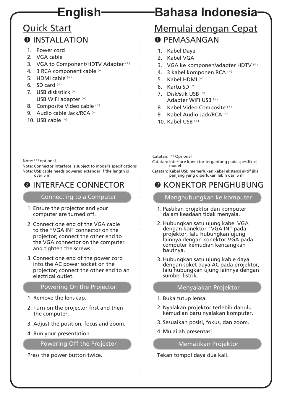 English, Bahasa indonesia, Quick start | Memulai dengan cepat, Installation, Pemasangan, Interface connector, Konektor penghubung | Acer K335 User Manual | Page 2 / 18