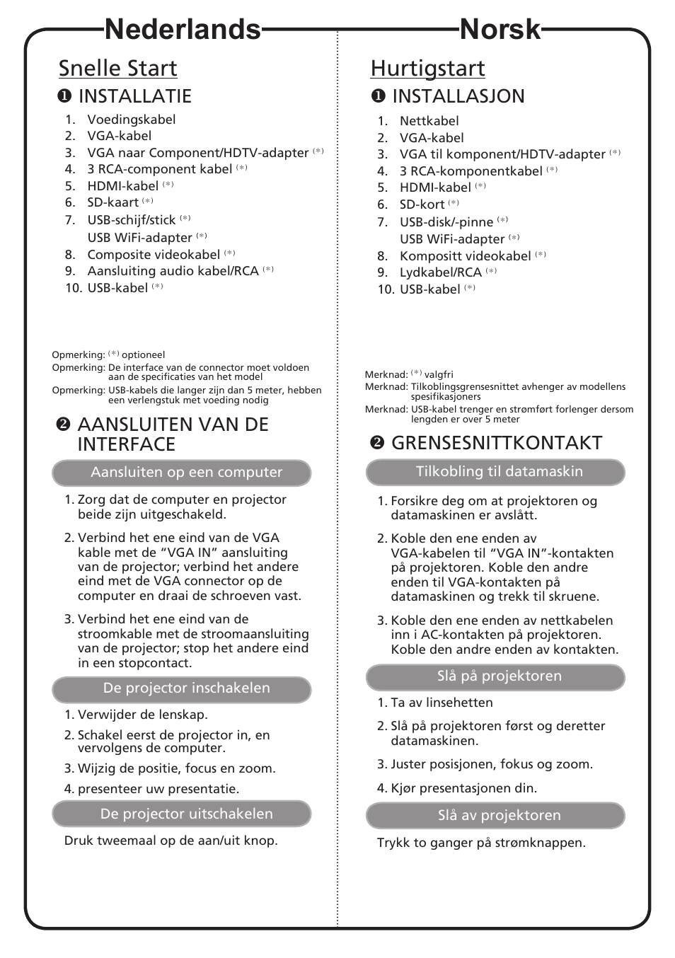 Nederlands, Norsk, Snelle start | Hurtigstart, Installatie, Installasjon, Aansluiten van de interface, Grensesnittkontakt | Acer K335 User Manual | Page 8 / 18