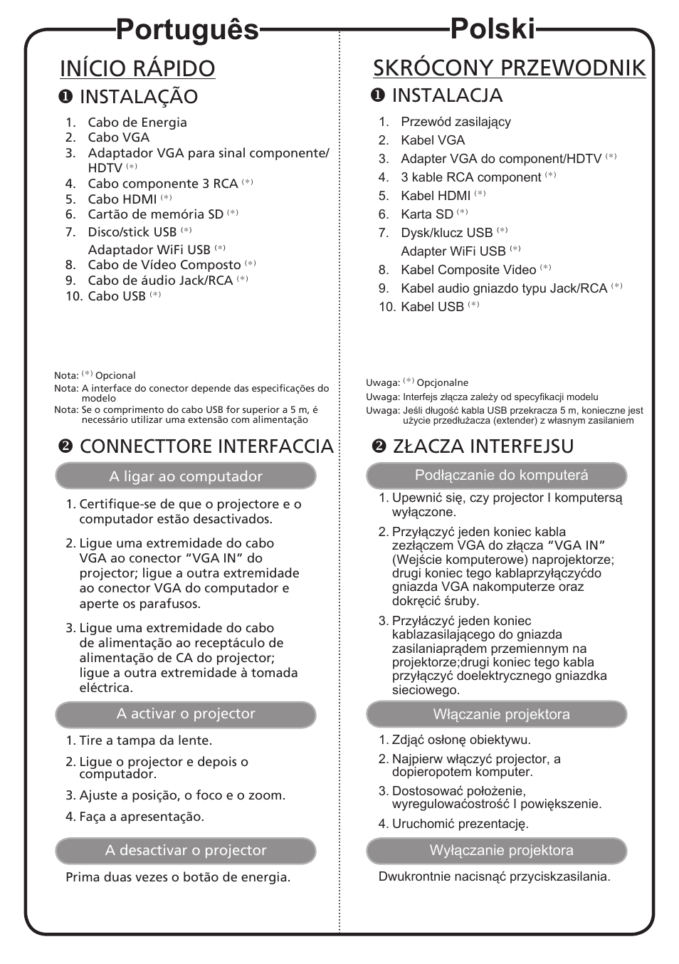 Português, Polski, Início rápido | Skrócony przewodnik, Instalação, Instalacja, Connecttore interfaccia, Złacza interfejsu | Acer K335 User Manual | Page 9 / 18