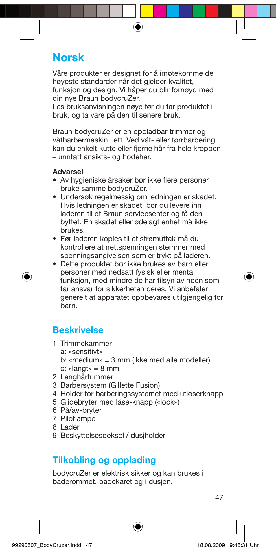 Norsk, Beskrivelse, Tilkobling og opplading | Braun B35 BodyCruzer User Manual | Page 46 / 70