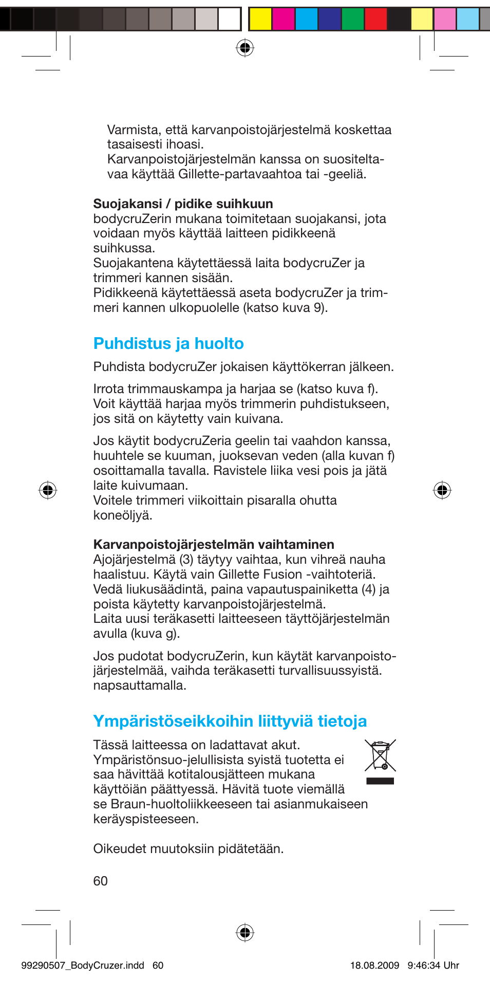 Puhdistus ja huolto, Ympäristöseikkoihin liittyviä tietoja | Braun B35 BodyCruzer User Manual | Page 59 / 70