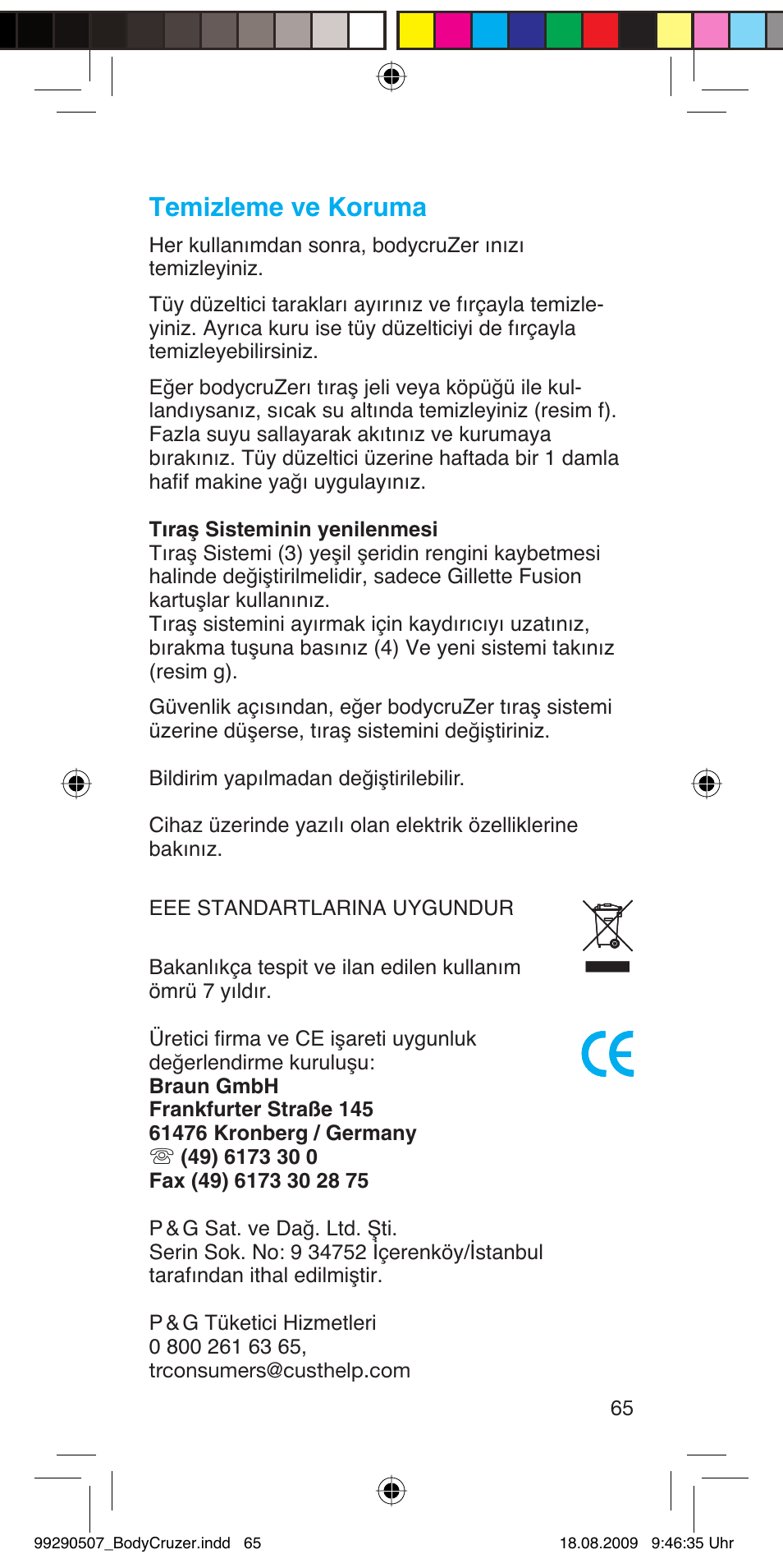 Temizleme ve koruma | Braun B35 BodyCruzer User Manual | Page 64 / 70