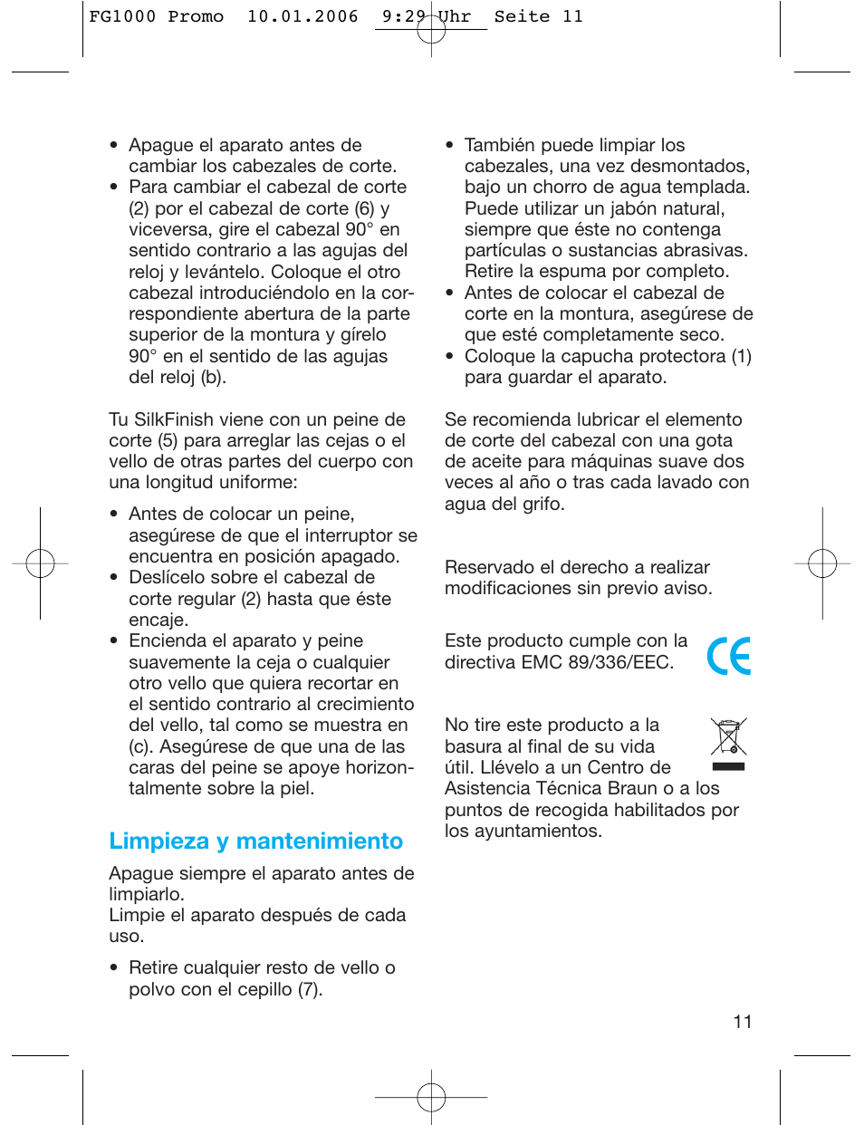 Limpieza y mantenimiento | Braun SilkFinish FG 1000 User Manual | Page 11 / 50