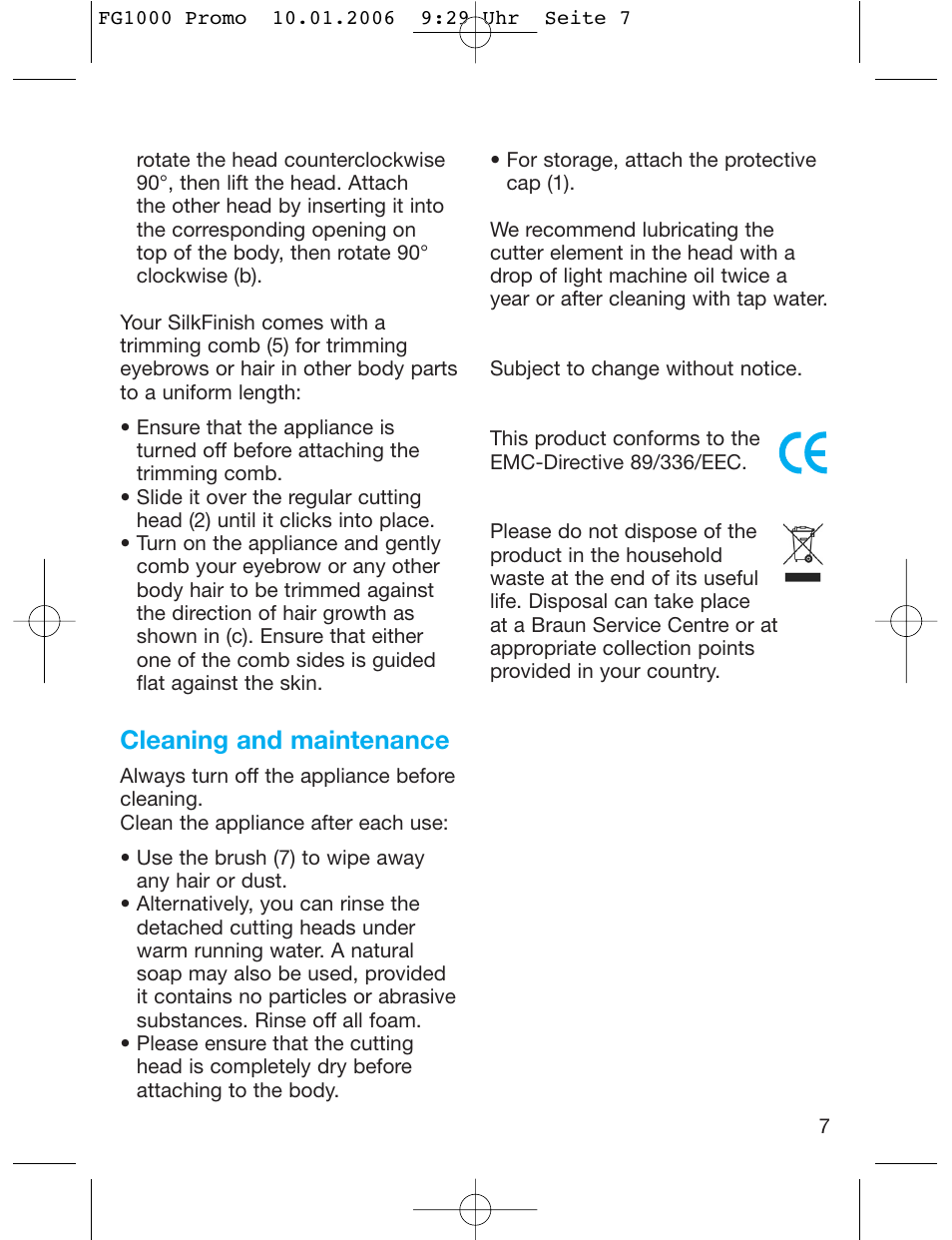 Cleaning and maintenance | Braun SilkFinish FG 1000 User Manual | Page 7 / 50