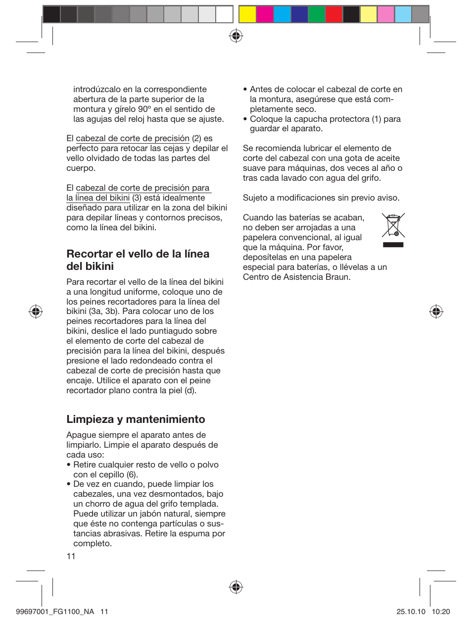 Recortar el vello de la línea del bikini, Limpieza y mantenimiento | Braun FG1100 Silk-épil User Manual | Page 12 / 13