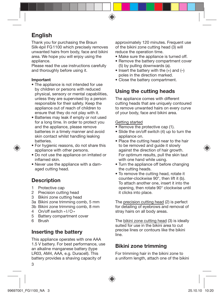 English, Description, Inserting the battery | Using the cutting heads, Bikini zone trimming | Braun FG1100 Silk-épil User Manual | Page 4 / 13