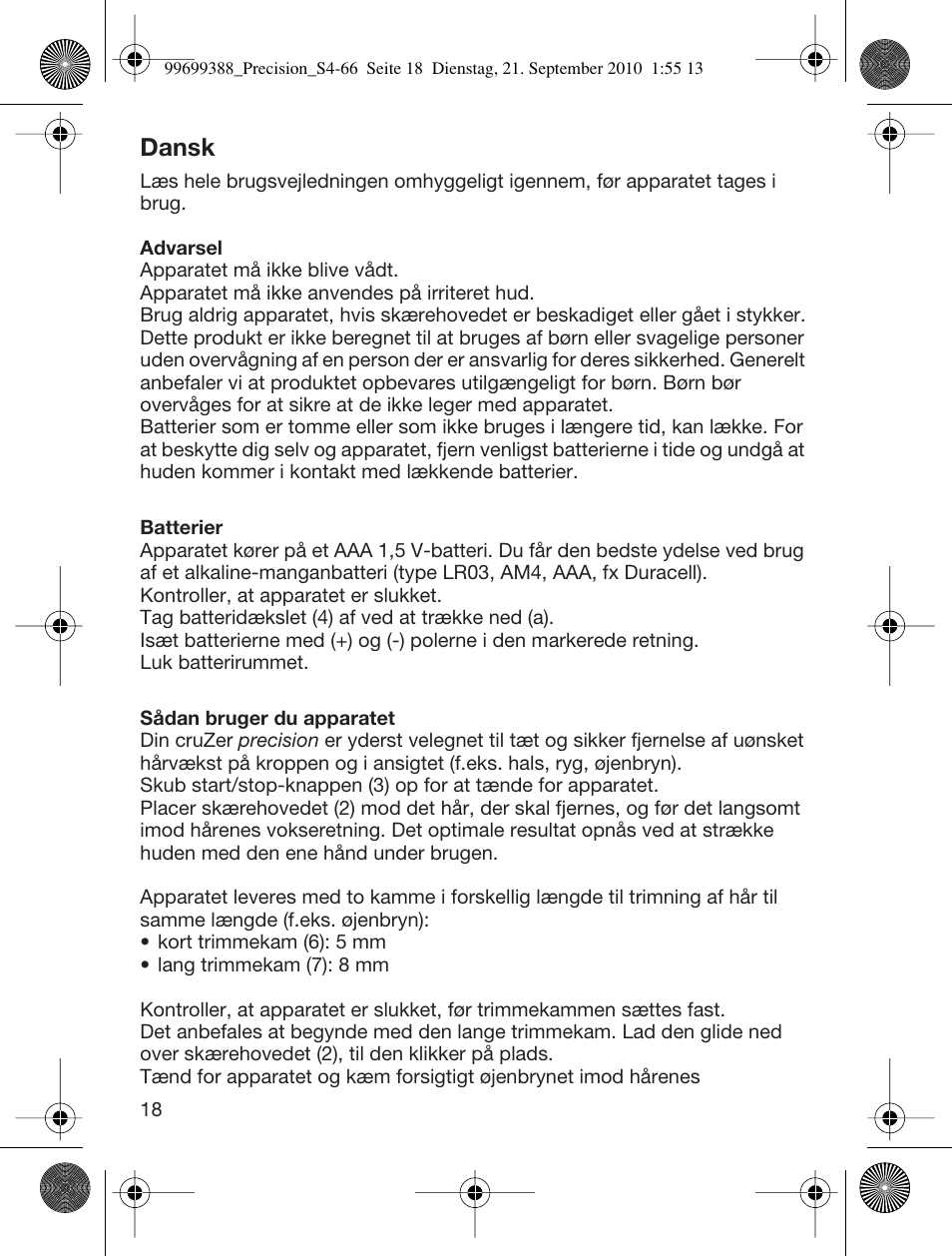 Dansk | Braun CruZer6 Precision User Manual | Page 18 / 64