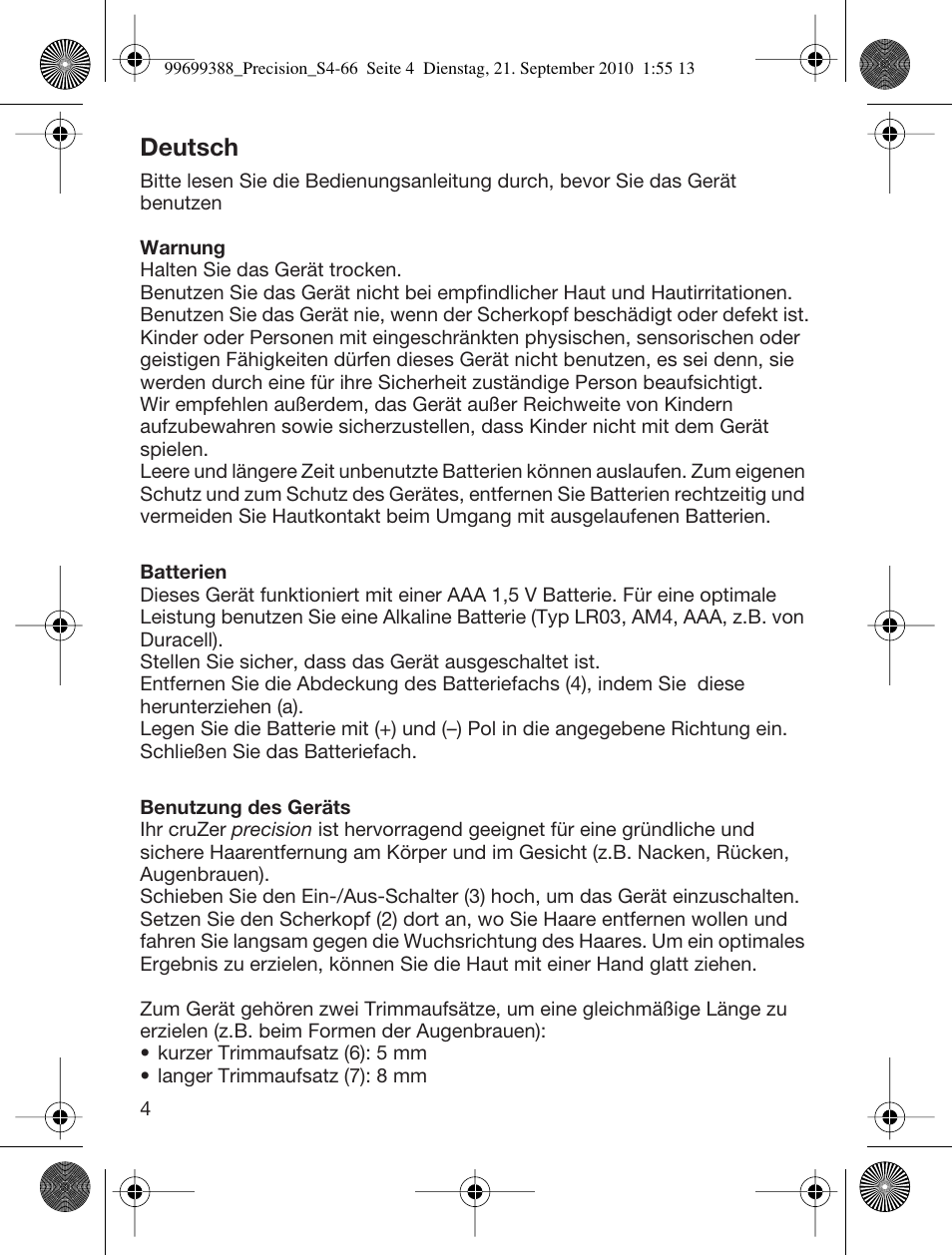 99699388_precision_s4-66, Deutsch | Braun CruZer6 Precision User Manual | Page 4 / 64