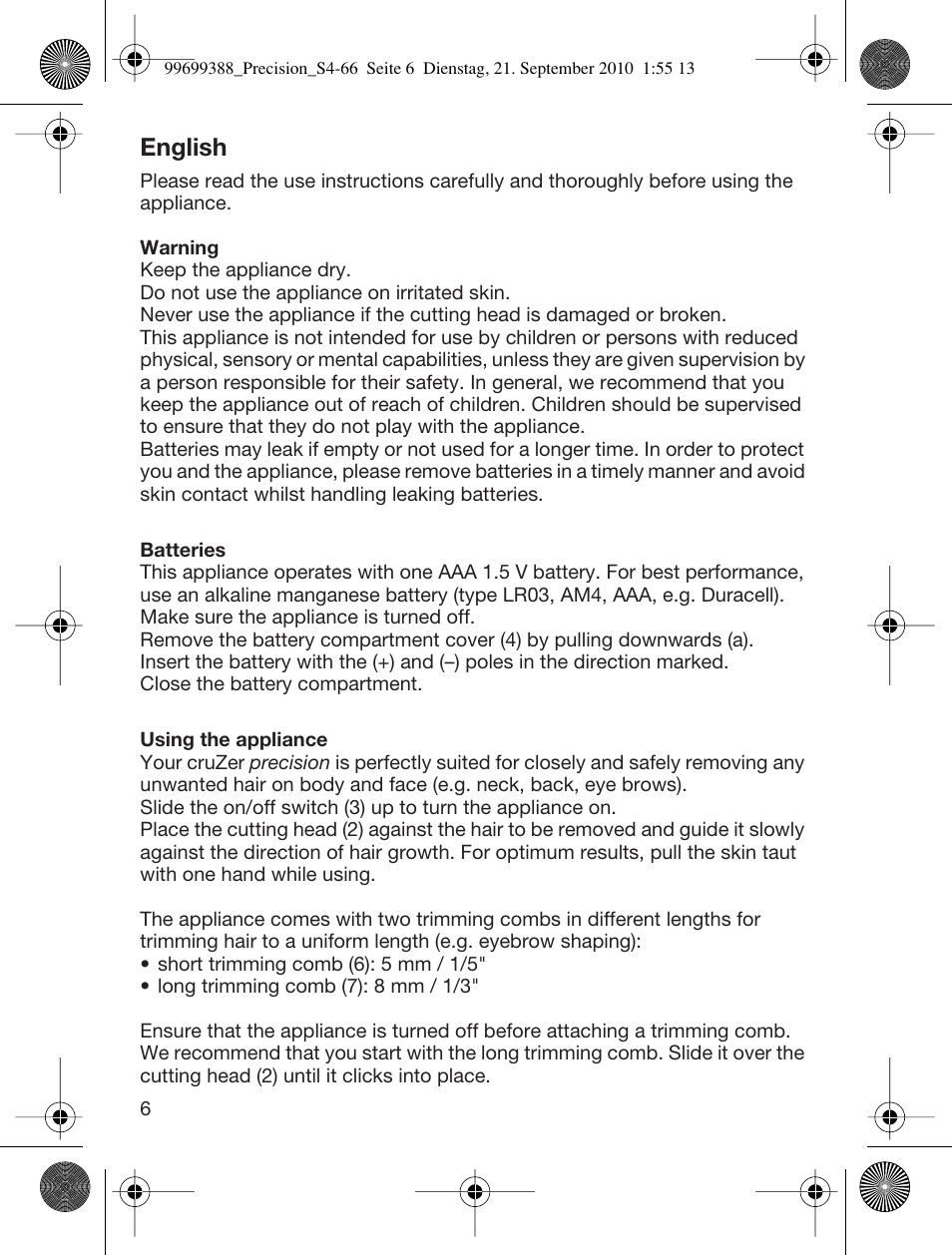 English | Braun CruZer6 Precision User Manual | Page 6 / 64