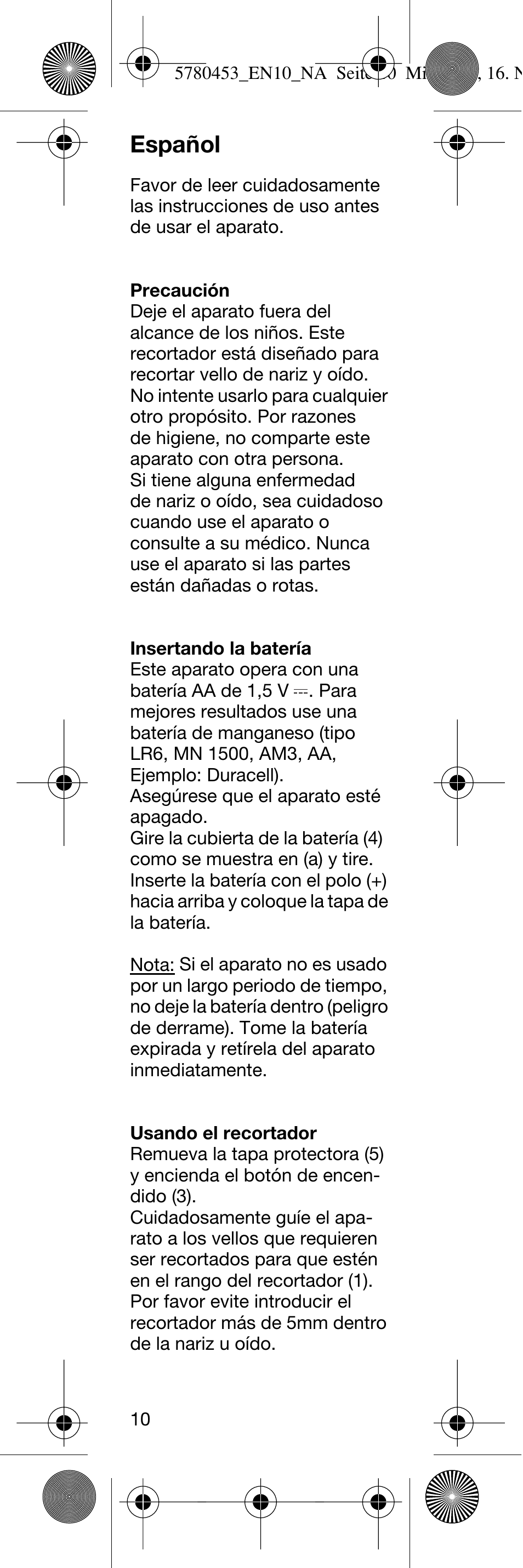 Español | Braun EN10 Ear & Nose Trimmer User Manual | Page 10 / 12