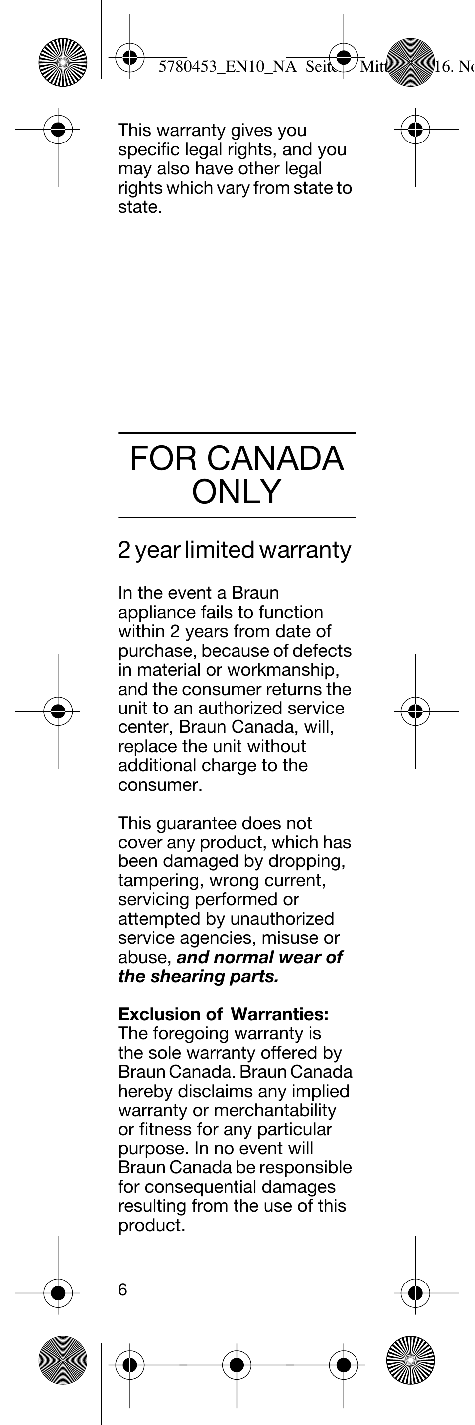 For canada only, 2 year limited warranty | Braun EN10 Ear & Nose Trimmer User Manual | Page 6 / 12
