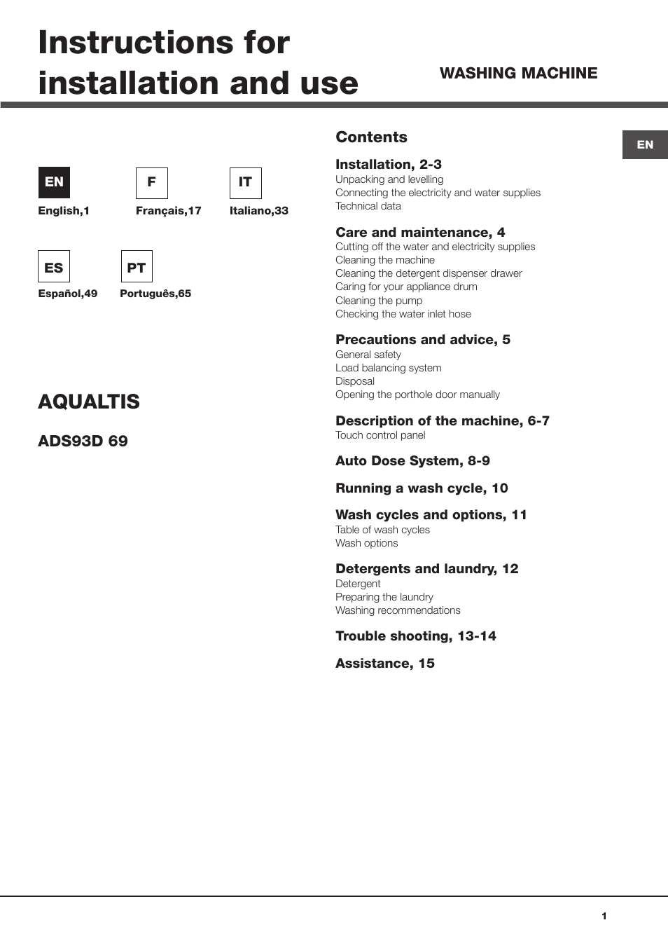 Hotpoint Ariston Aqualtis ADS93D 69 EU-A User Manual | 80 pages