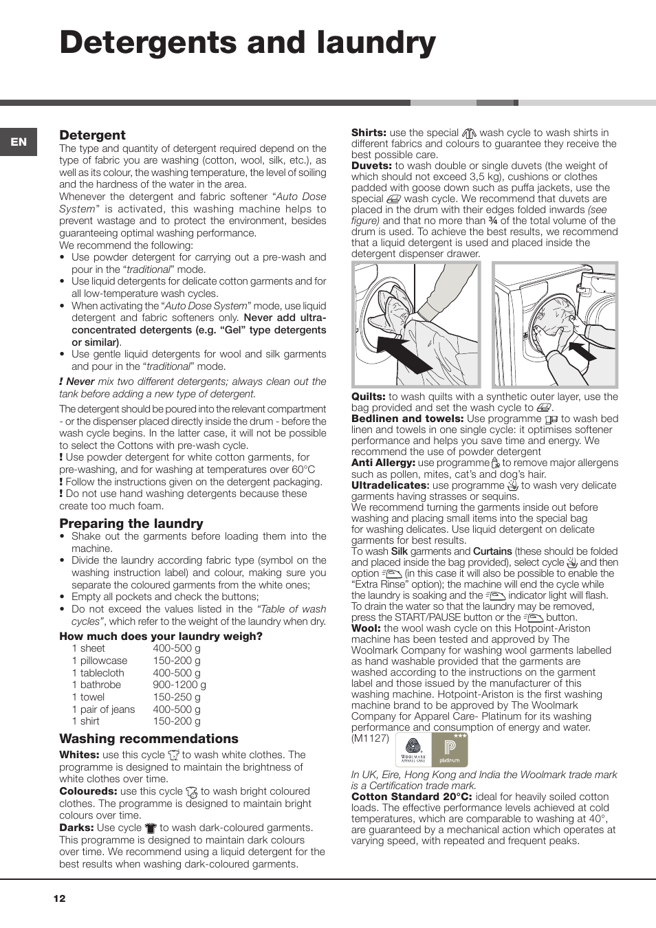 Detergents and laundry, Detergent, Preparing the laundry | Washing recommendations | Hotpoint Ariston Aqualtis ADS93D 69 EU-A User Manual | Page 12 / 80