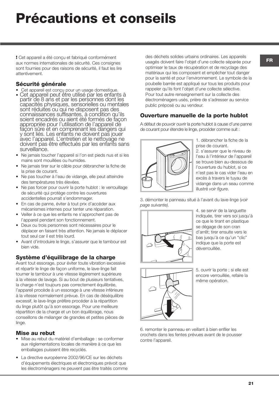 Précautions et conseils | Hotpoint Ariston Aqualtis ADS93D 69 EU-A User Manual | Page 21 / 80