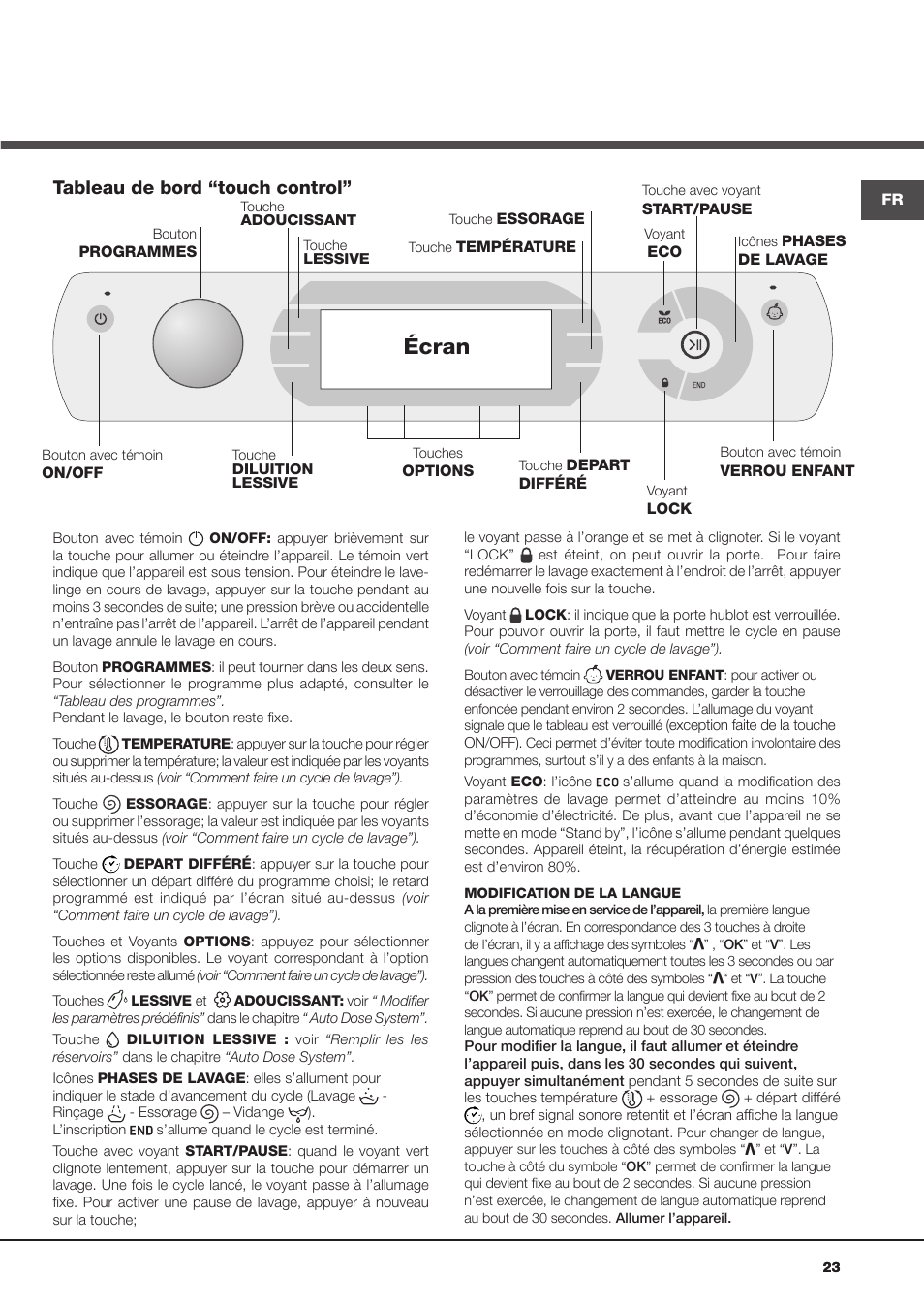 Écran, Tableau de bord “touch control | Hotpoint Ariston Aqualtis ADS93D 69 EU-A User Manual | Page 23 / 80