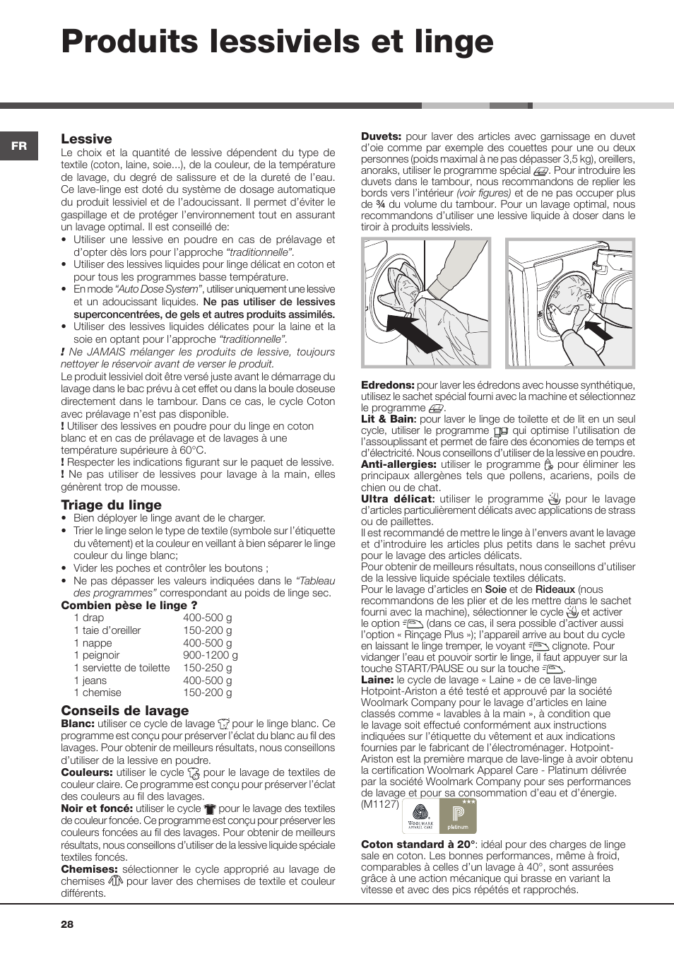 Produits lessiviels et linge, Lessive, Triage du linge | Conseils de lavage | Hotpoint Ariston Aqualtis ADS93D 69 EU-A User Manual | Page 28 / 80