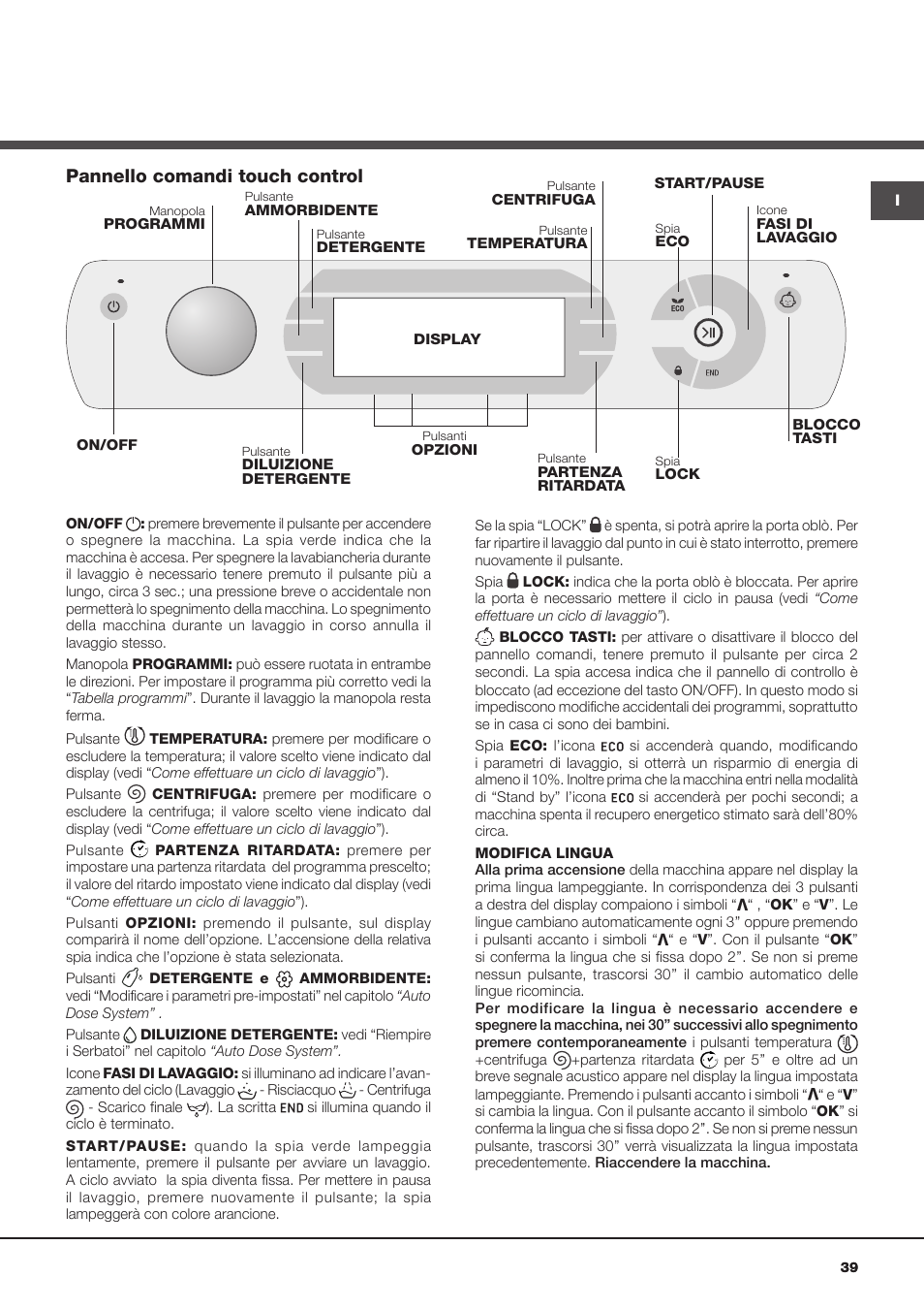 Pannello comandi touch control | Hotpoint Ariston Aqualtis ADS93D 69 EU-A User Manual | Page 39 / 80