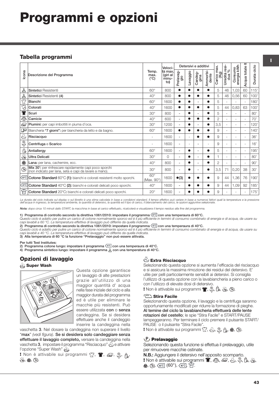 Programmi e opzioni, Opzioni di lavaggio, Tabella programmi | Hotpoint Ariston Aqualtis ADS93D 69 EU-A User Manual | Page 43 / 80
