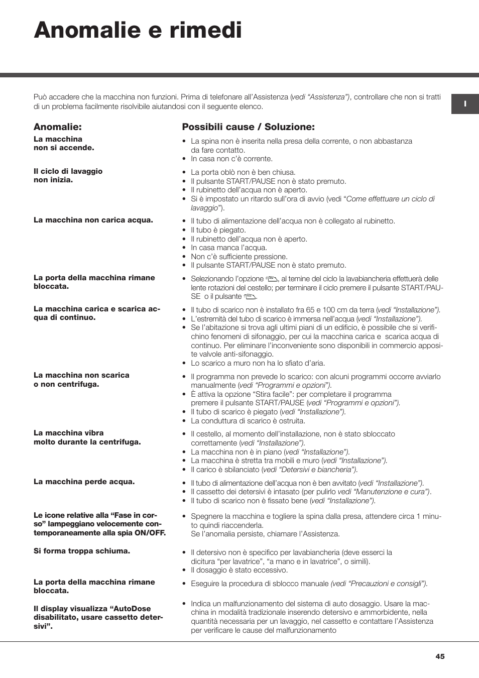 Anomalie e rimedi, Anomalie, Possibili cause / soluzione | Hotpoint Ariston Aqualtis ADS93D 69 EU-A User Manual | Page 45 / 80