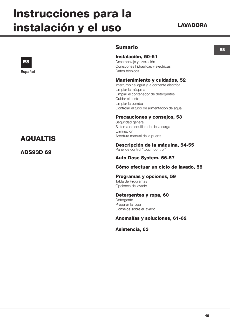 Instrucciones para la instalación y el uso, Aqualtis | Hotpoint Ariston Aqualtis ADS93D 69 EU-A User Manual | Page 49 / 80