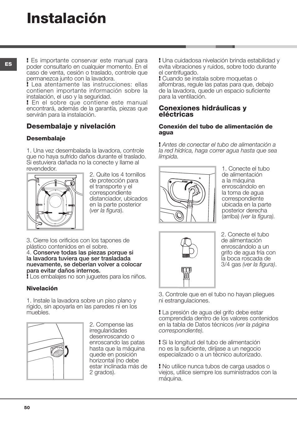 Instalación | Hotpoint Ariston Aqualtis ADS93D 69 EU-A User Manual | Page 50 / 80