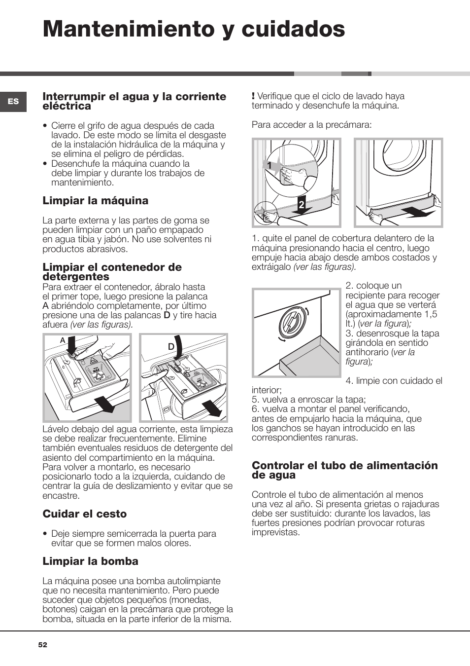 Mantenimiento y cuidados | Hotpoint Ariston Aqualtis ADS93D 69 EU-A User Manual | Page 52 / 80