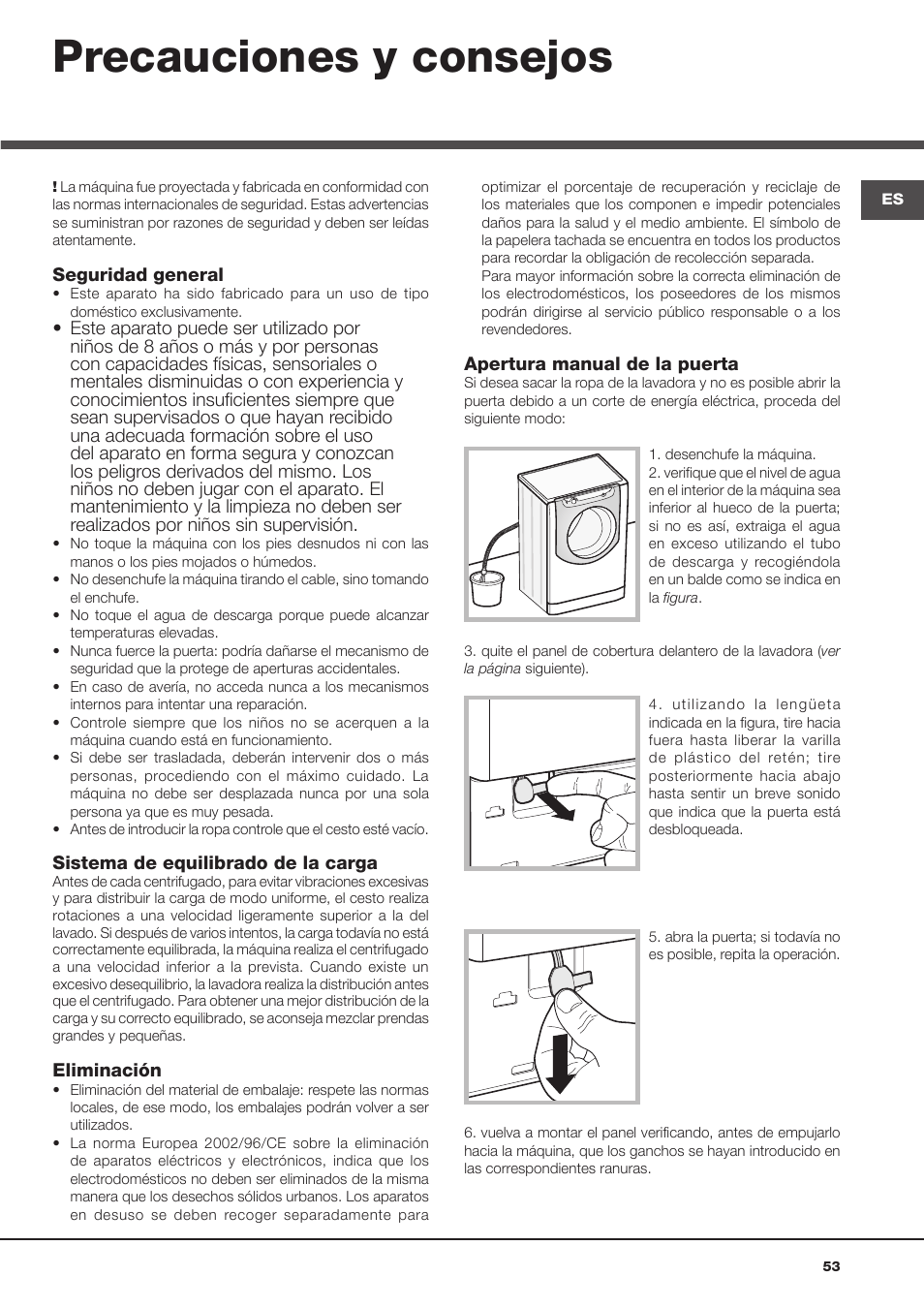 Precauciones y consejos | Hotpoint Ariston Aqualtis ADS93D 69 EU-A User Manual | Page 53 / 80