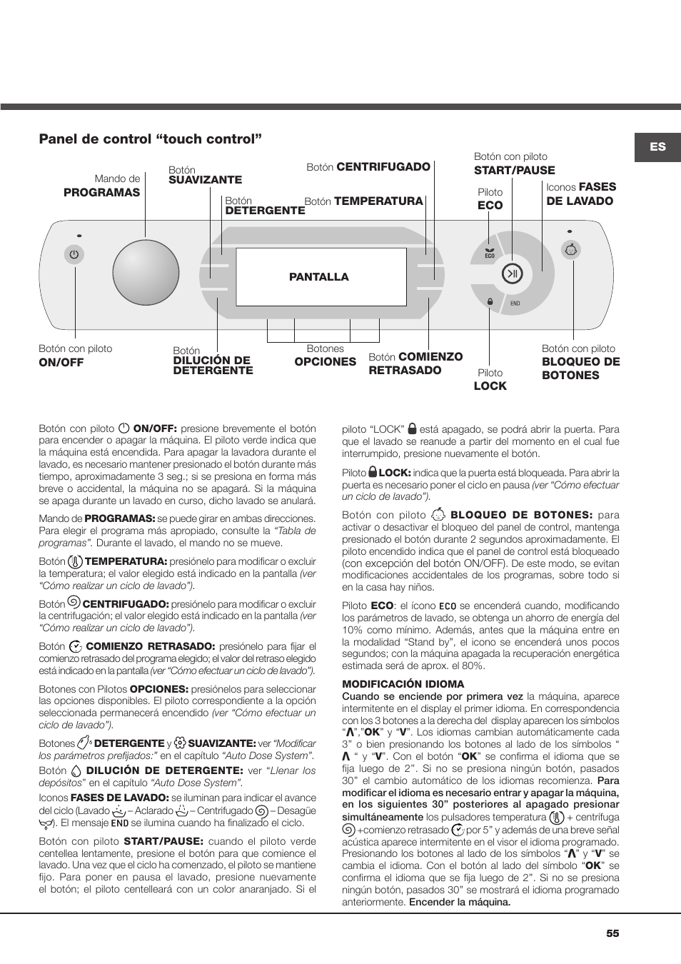 Panel de control “touch control | Hotpoint Ariston Aqualtis ADS93D 69 EU-A User Manual | Page 55 / 80